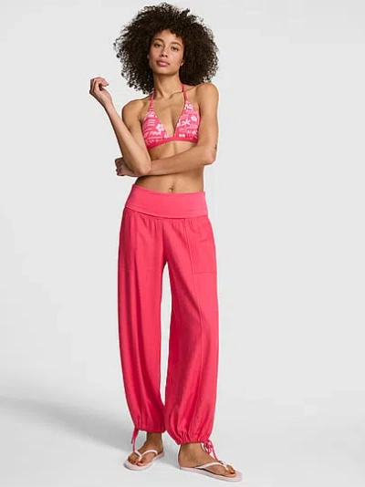 Pink Foldover Linen Jogger Pants In