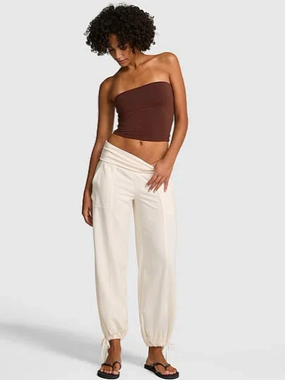 Pink Foldover Linen Jogger Pants In Neutral