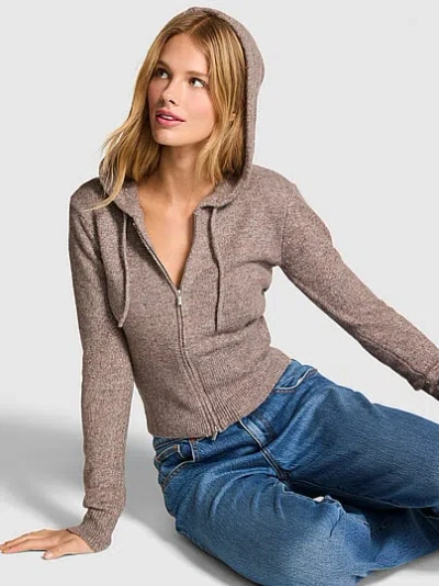 Pink Front-zip Shrunken Sweater Hoodie In Brown