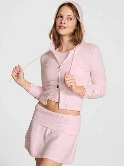 Pink Front-zip Shrunken Sweater Hoodie In