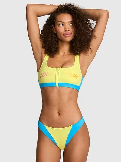 Pink Front-zip Scoop Scuba Bikini Top In Multi
