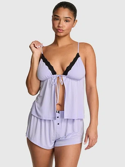 Pink Grw ™ Modal Lace-trim Flyaway Cami & Shorts Pajama Set In Blue