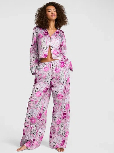 Pink Grw ™ Satin Flyaway Long-sleeve & Pants Pajama Set In Animal Print