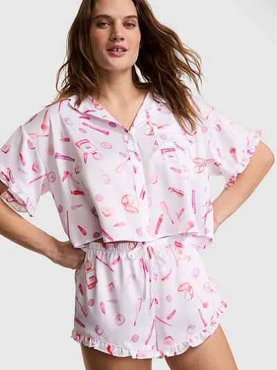 Pink Grw ™ Satin Short-sleeve And Shorts Pajama Set In Animal Print