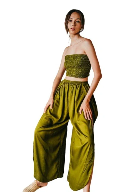 Pink Haley Judith Side Split Pants With Matching Tube Top In Green