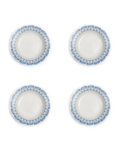 Pink House Fine Bone China Set Of Four Rimmed Bowls Palms Blue
