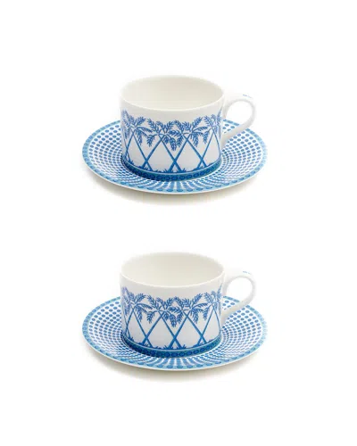 Pink House Fine Bone China Two Cups & Saucers Palms Blue