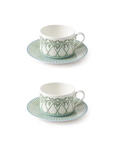 Pink House Fine Bone China Two Cups & Saucers Palms Green