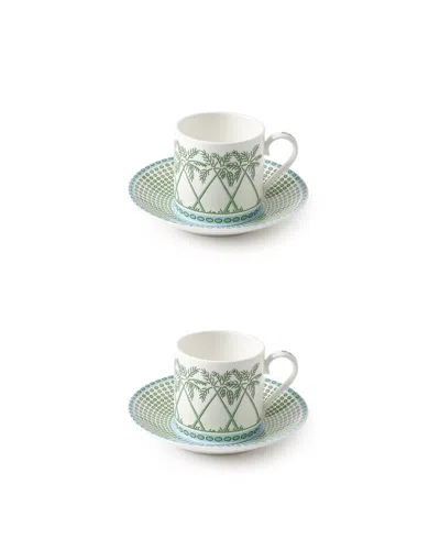 Pink House Fine Bone China Two Espresso Cups & Saucers Palms Green