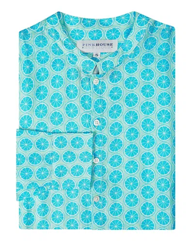 Pink House Men's Blue Linen Collarless Shirt Lime Slice