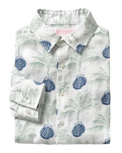 Pink House Men's Blue Linen Shirt Potted Palm Green And Navy In White
