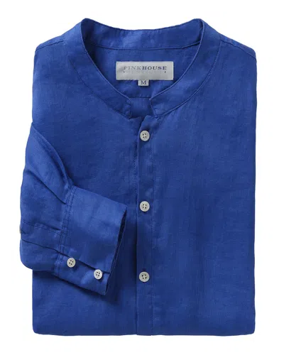 Pink House Men's Linen Collarless Shirt Plain Dazzling Blue