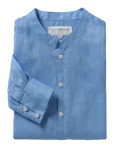 Pink House Men's Linen Collarless Shirt Plain French Blue