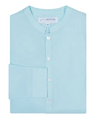 Pink House Men's Linen Collarless Shirt Plain Pale Blue