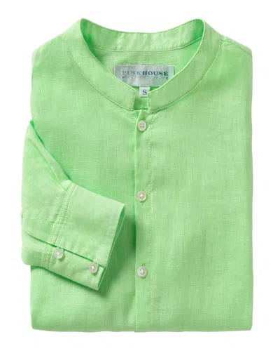 Pink House Men's Linen Collarless Shirt Plain Pistachio Green
