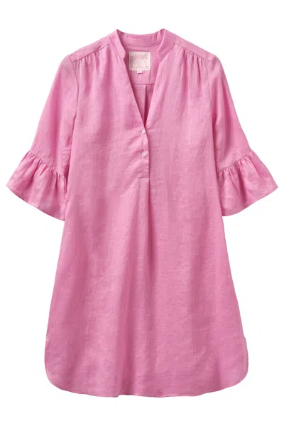 Pink House Women's Linen Decima Dress With Frilled Cuff Plain Fuchsia Pink