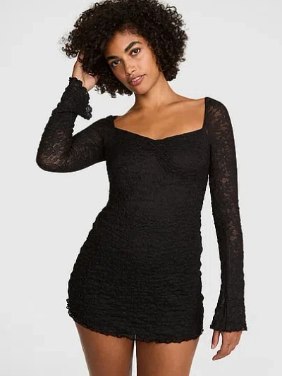 Pink Lace Square-neck Long-sleeve Mini Dress In Black
