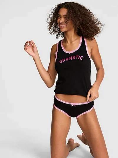 Pink Lace-trim Tank Top & Panty Set In Black