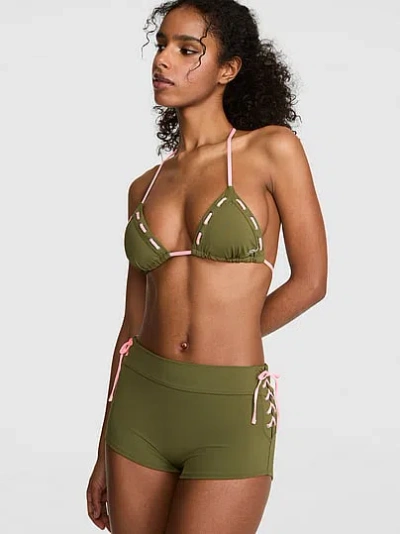 Pink Lace-up Boyshort Bikini Bottom In Green