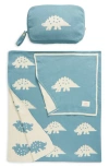 Pink Lemonade Dinosaur Organic Cotton Baby Blanket & Travel Pouch Set In Soft Teal/natural Mel