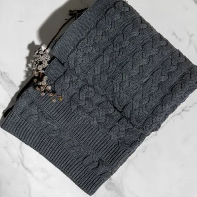 Pink Lemonade Double Cable Organic Cotton Throw Blanket Dark Gray