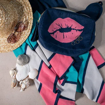 Pink Lemonade Kiss Lips Organic Cotton Travel Blanket And Eye Mask Set In Blue
