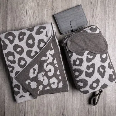 Pink Lemonade Leopard Organic Cotton Travel Blanket And Eye Mask Set In Gray