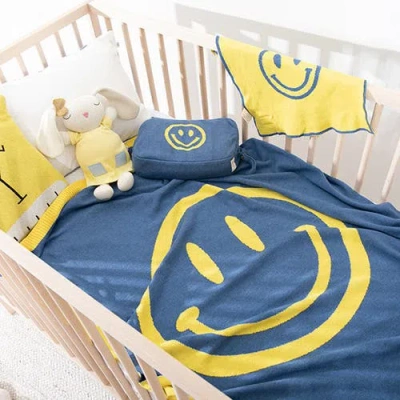 Pink Lemonade Smiley Organic Cotton Baby Blanket And Burp Cloth Set In Blue