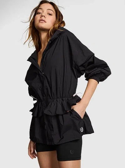 Pink Lightweight Woven Ruffle Hooded Jacket In Black