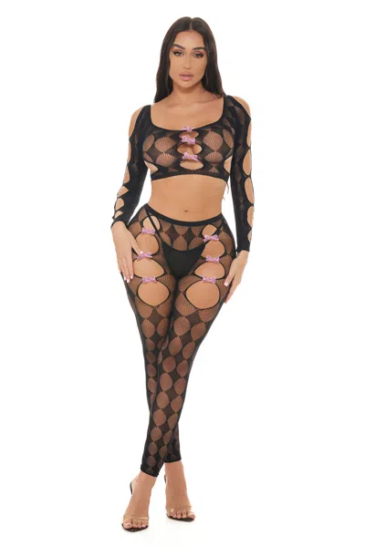 Pink Lipstick Tongue Twisted Crop Top And Leggings Black - Os
