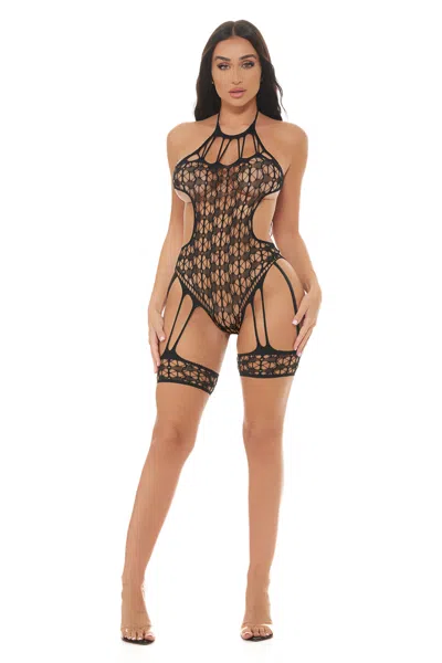 Pink Lipstick Trust Issues Halter Teddy With Leg Garters Black - Os In Brown