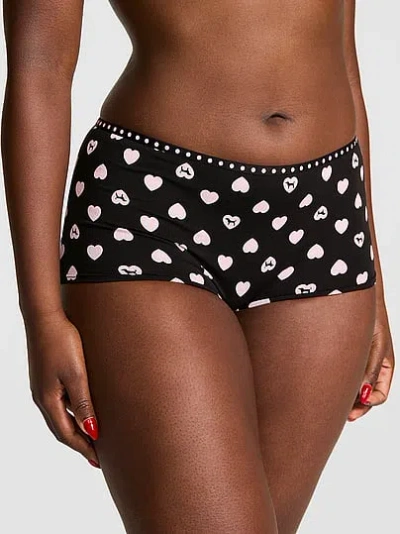 Pink Logo Cotton Boyshort Panty In Black