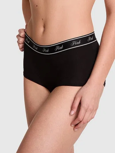 Pink Logo Cotton Boyshort Panty In Black
