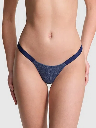 Pink Logo Cotton Denim Haze Micro Thong Panty In Blue