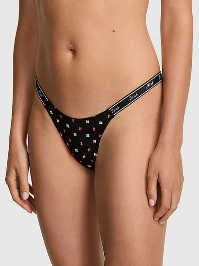 Pink Logo Cotton High-leg Micro Thong Panty In Black
