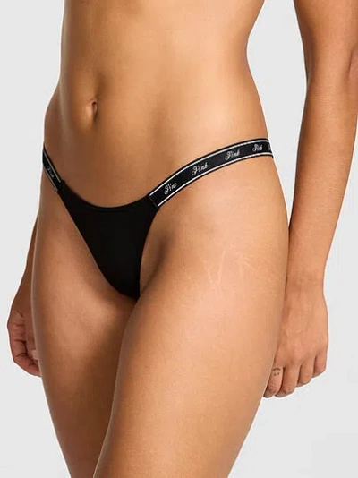 Pink Logo Cotton High-leg Micro Thong Panty In Black