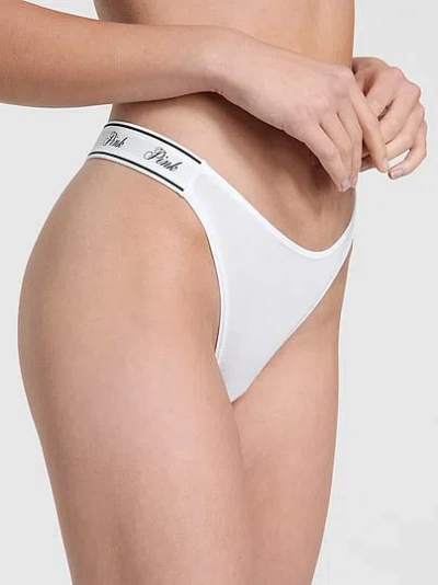 Pink Logo Cotton High-leg Thong Panty In White