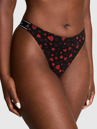 Pink Logo Cotton High-leg Thong Panty In Black