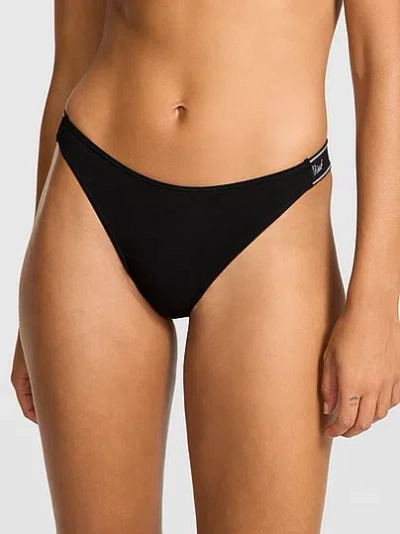 Pink Logo Cotton High-leg Thong Panty In Black