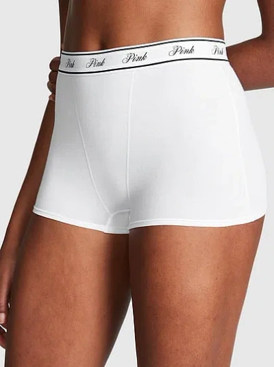 Pink Logo Cotton High-waist Boyshort Panty In White