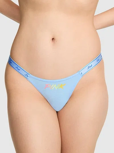 Pink Logo Cotton High-leg Micro Thong Panty In Blue