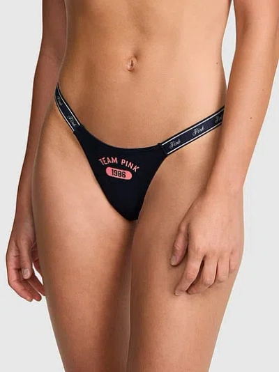 Pink Logo Cotton High-leg Micro Thong Panty In Blue