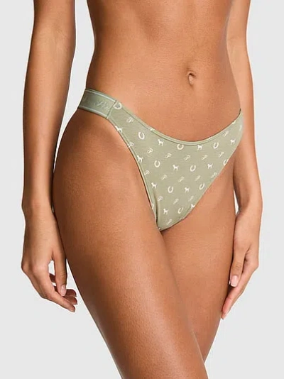 Pink Logo Cotton High-leg Thong Panty In Green