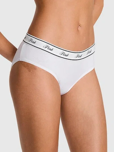 Pink Logo Cotton Hiphugger Panty In White