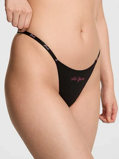 Pink Logo Cotton Scoop Thong Panty In Black