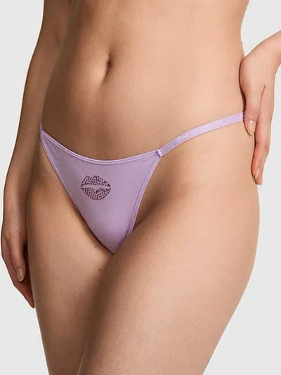 Pink Logo Cotton Scoop Thong Panty In Purple