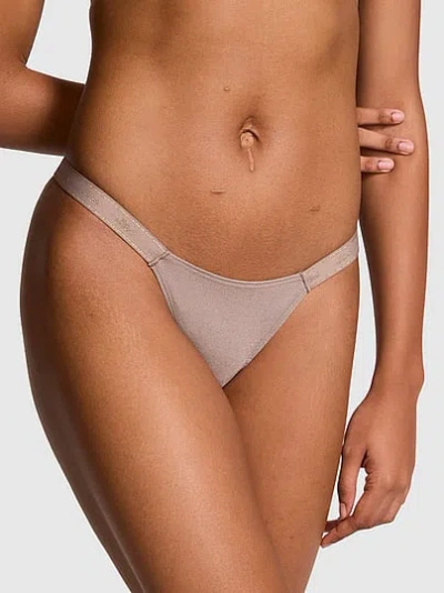 Pink Logo Cotton Shimmer Micro Thong Panty In Brown