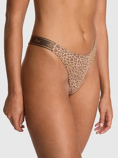 Pink Logo Cotton Shine High-leg Thong Panty In Animal Print