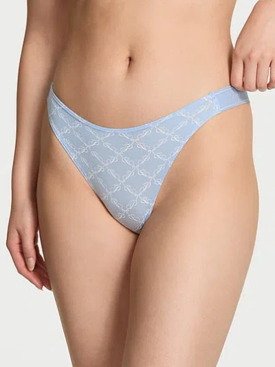 Pink Logo Cotton Shine High-leg Thong Panty In Blue