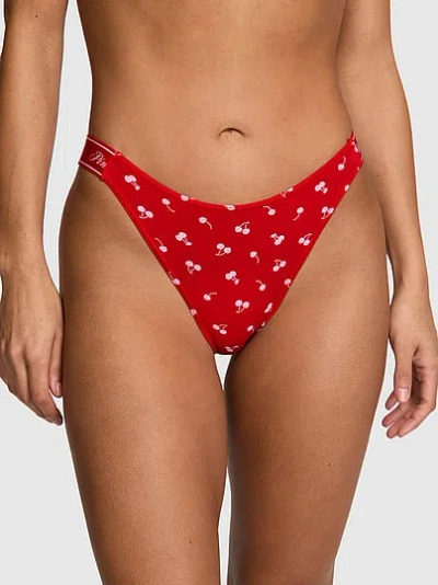 Pink Logo Cotton Shine High-leg Thong Panty In Red